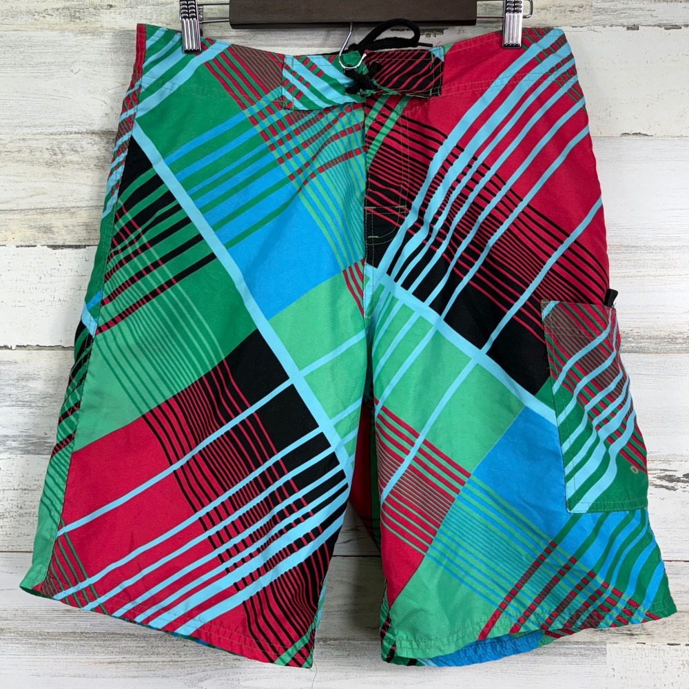 Talos Men's Plaid Swim Trunks Board Shorts Size 32 Red Green Blue